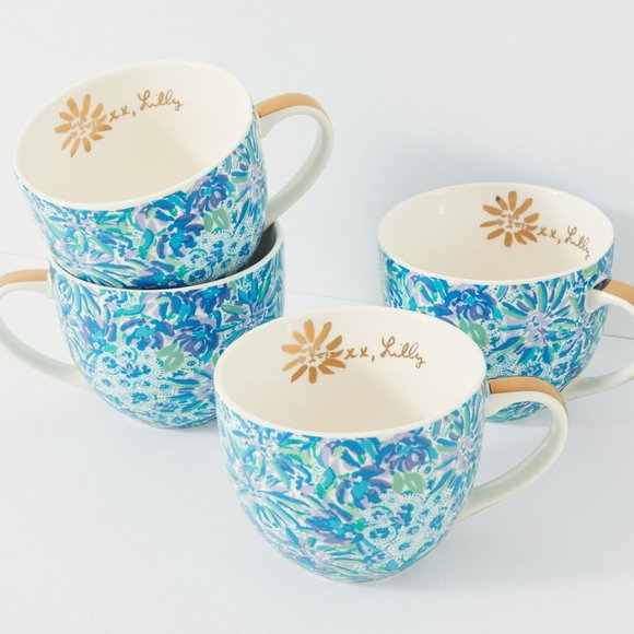 NEW Lilly Pulitzer Set of Two (2) Blue White Green Gold Ceramic Mugs BNIB - Picture 6 of 7